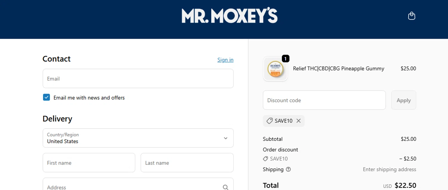 Mr. Moxey's promo code screenshot showing code SAVE10 applied at Mr. Moxey's checkout page. Uploaded by SimplyCodes community member ashe1986 on Oct 29, 2025