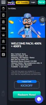 Mr.O Casino coupon verification screenshot