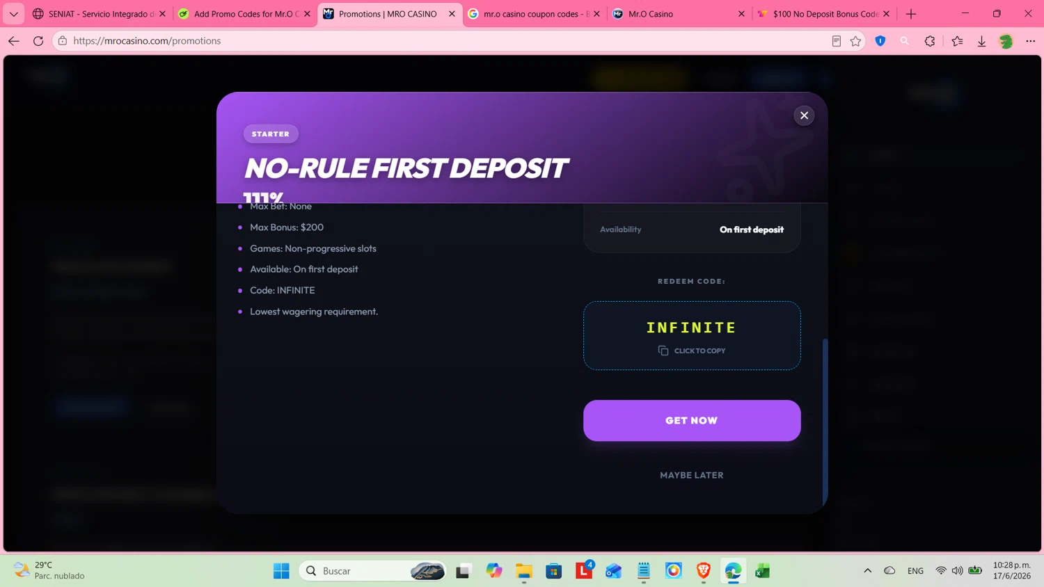 Mr.O Casino promo code screenshot showing code INFINITE applied at Mr.O Casino checkout page. Uploaded by SimplyCodes community member cosita on Jun 18, 2026