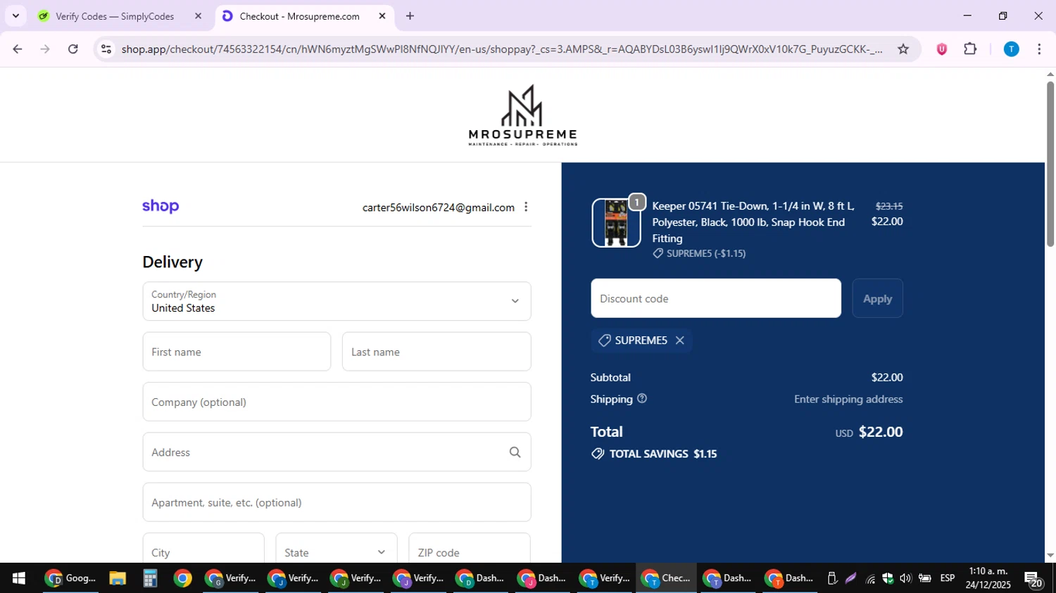 MROSupreme.com promo code screenshot showing code SUPREME5 applied at MROSupreme.com checkout page. Uploaded by SimplyCodes community member LuckyPioneer4530 on Dec 24, 2025