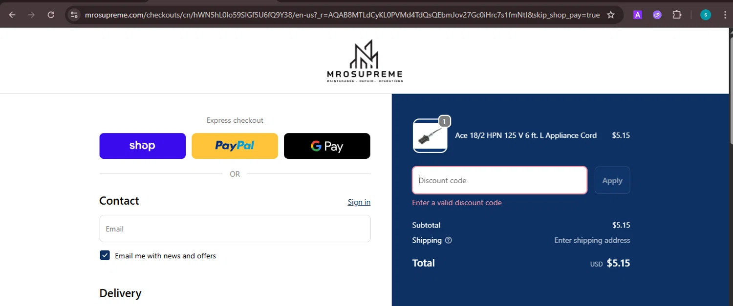 MROSupreme.com promo code screenshot showing code MRO10 applied at MROSupreme.com checkout page. Uploaded by SimplyCodes community member ValiantChaser7723 on Nov 25, 2025