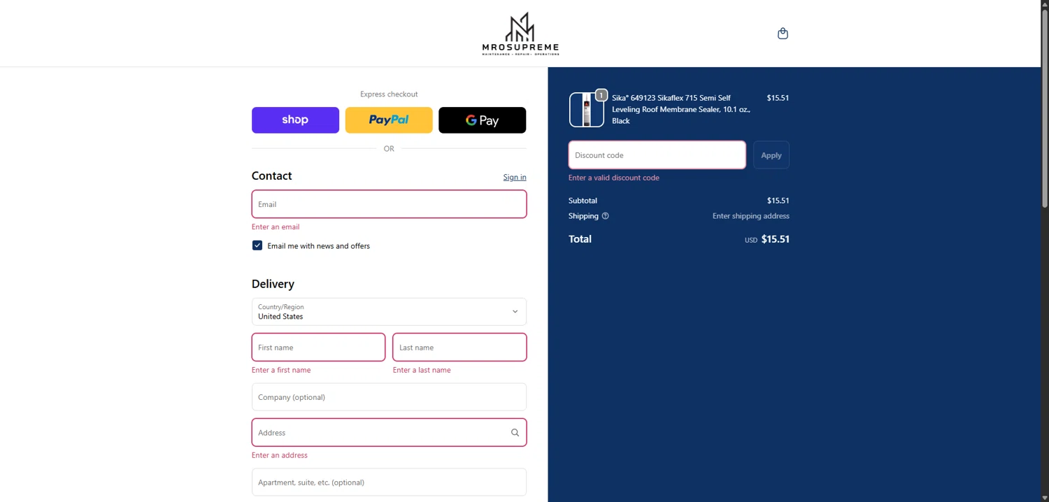 MROSupreme.com promo code screenshot showing code SAVE15 applied at MROSupreme.com checkout page. Uploaded by SimplyCodes community member VoucherCaptain6631 on Dec 6, 2025
