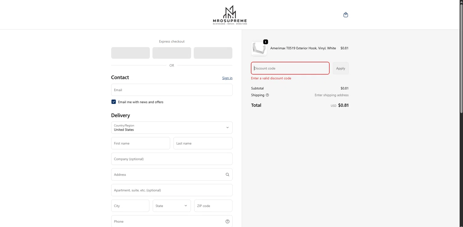 MROSupreme.com promo code screenshot showing code CODEFOR5%OFF applied at MROSupreme.com checkout page. Uploaded by SimplyCodes community member FrugalTitan8640 on Feb 12, 2026