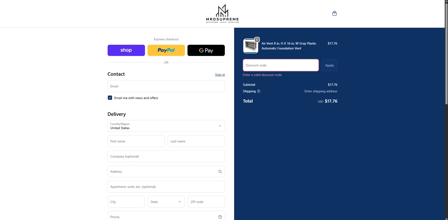MROSupreme.com promo code screenshot showing code CODEFOR5%OFF applied at MROSupreme.com checkout page. Uploaded by SimplyCodes community member ScanWarden1089 on Dec 6, 2025