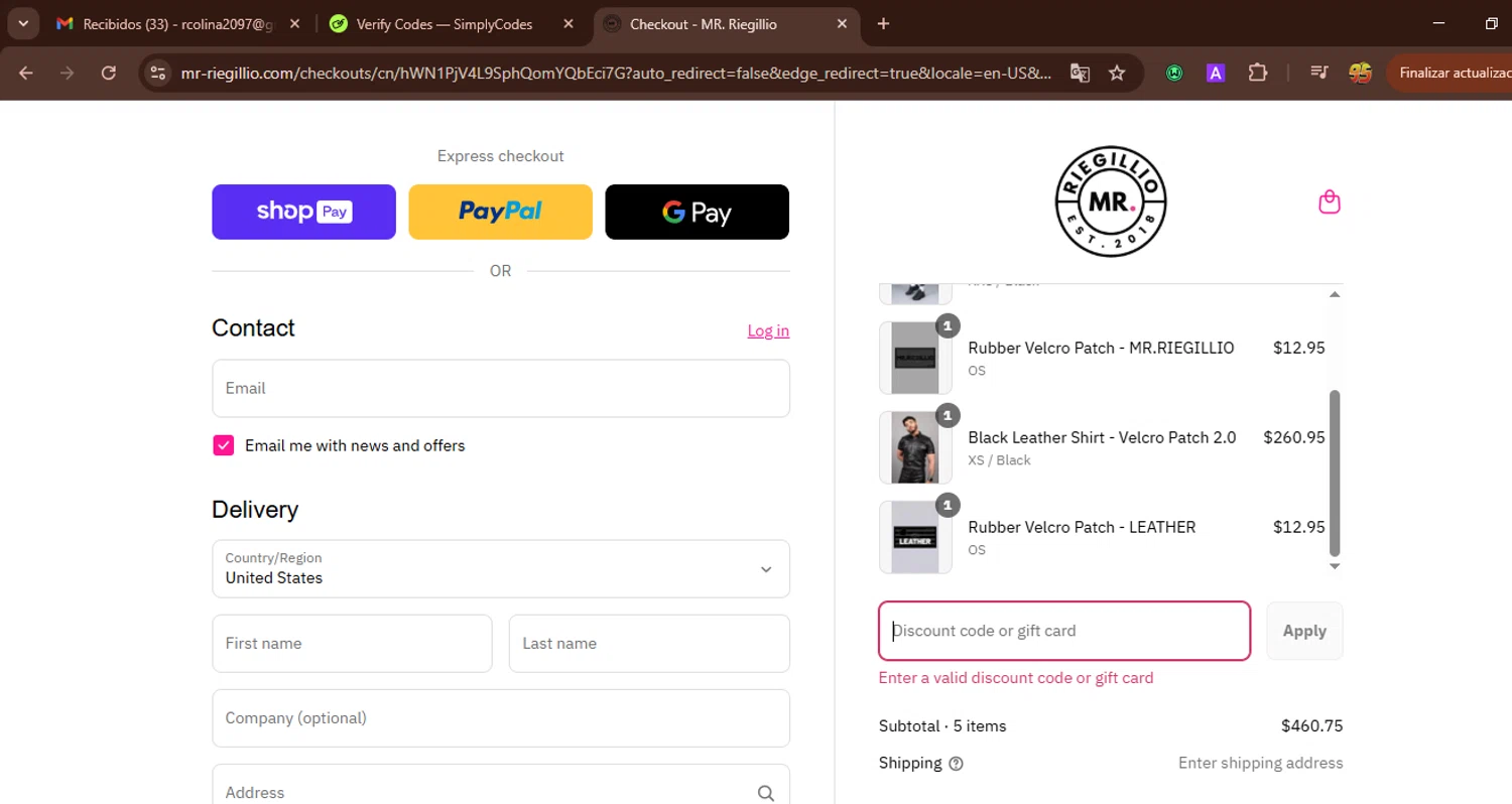 Mr Riegillio discount code screenshot showing code EASTER15 applied at Mr Riegillio checkout page. Uploaded by SimplyCodes community member WonderWarden594 on Aug 4, 2025