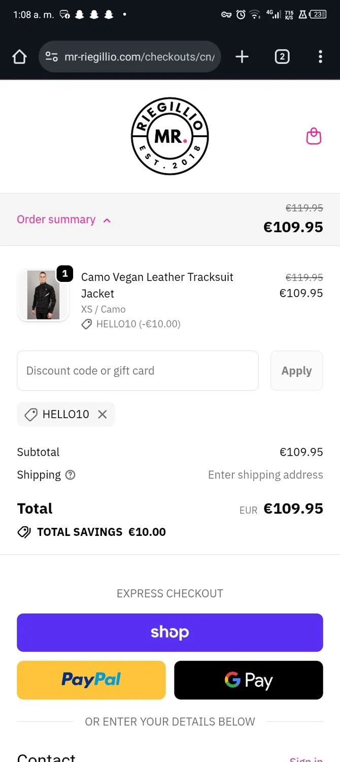 Mr Riegillio checkout page showing Mr Riegillio discount code box | Screenshot taken by SimplyCodes community member on Jan 26, 2026