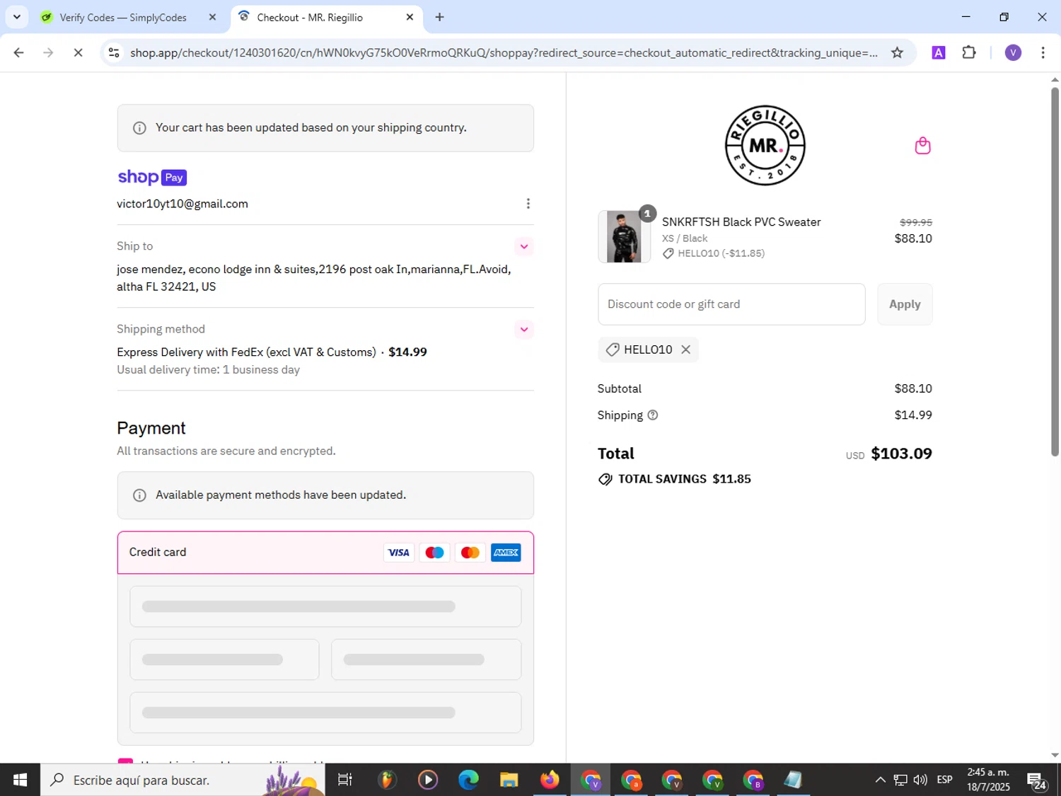 Mr Riegillio discount code screenshot showing code HELLO10 applied at Mr Riegillio checkout page. Uploaded by SimplyCodes community member Satoru_gojo on Jul 18, 2025