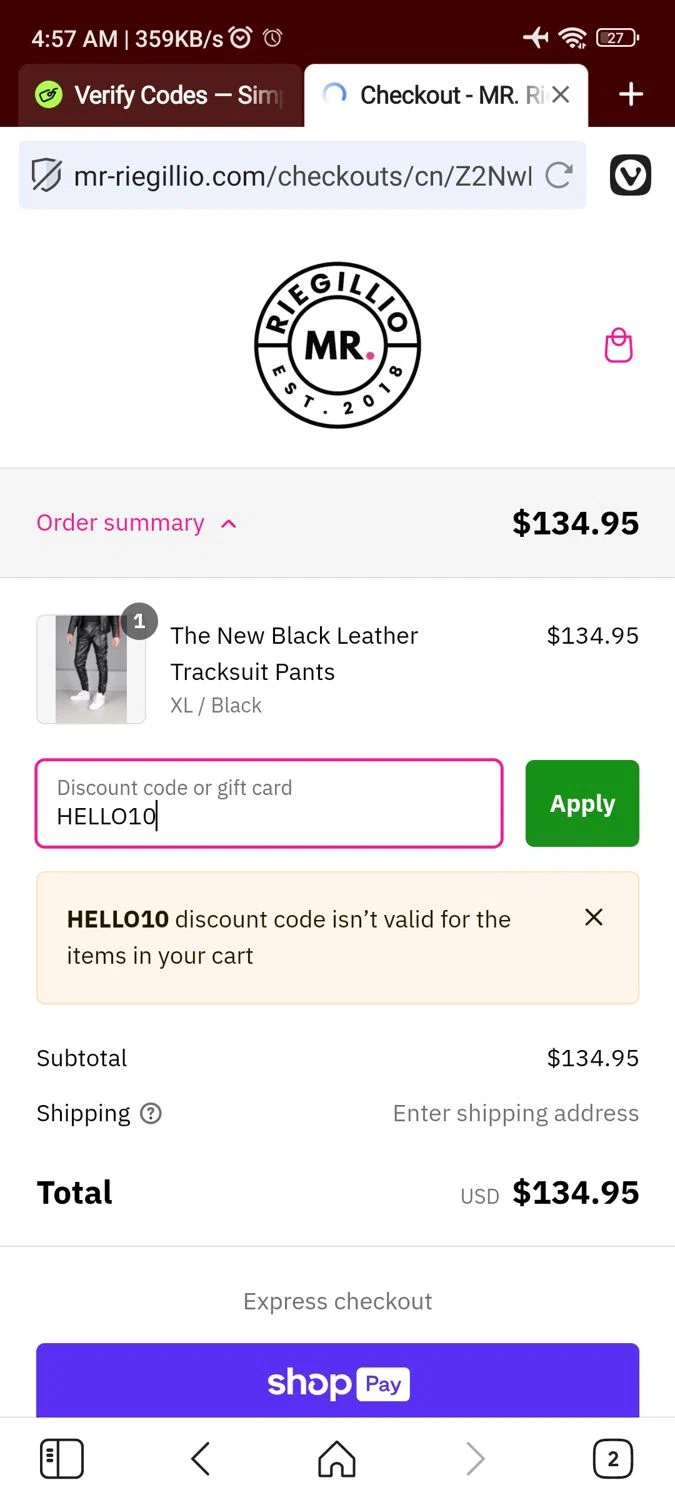 Mr Riegillio discount code screenshot showing code HELLO10 applied at Mr Riegillio checkout page. Uploaded by SimplyCodes community member RoyalSage9159 on Dec 28, 2024