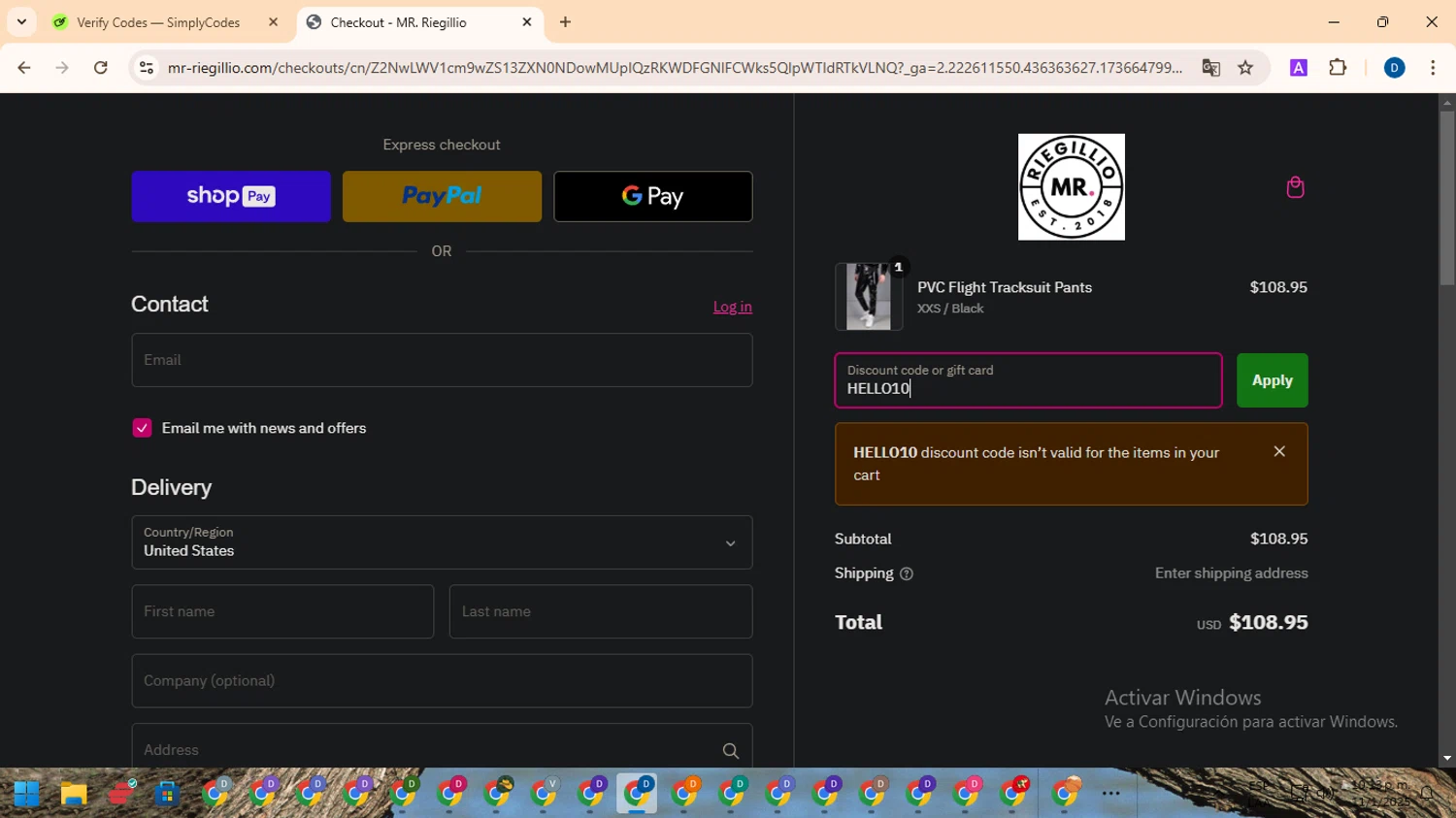 Mr Riegillio discount code screenshot showing code HELLO10 applied at Mr Riegillio checkout page. Uploaded by SimplyCodes community member DealVoyager8768 on Jan 12, 2025