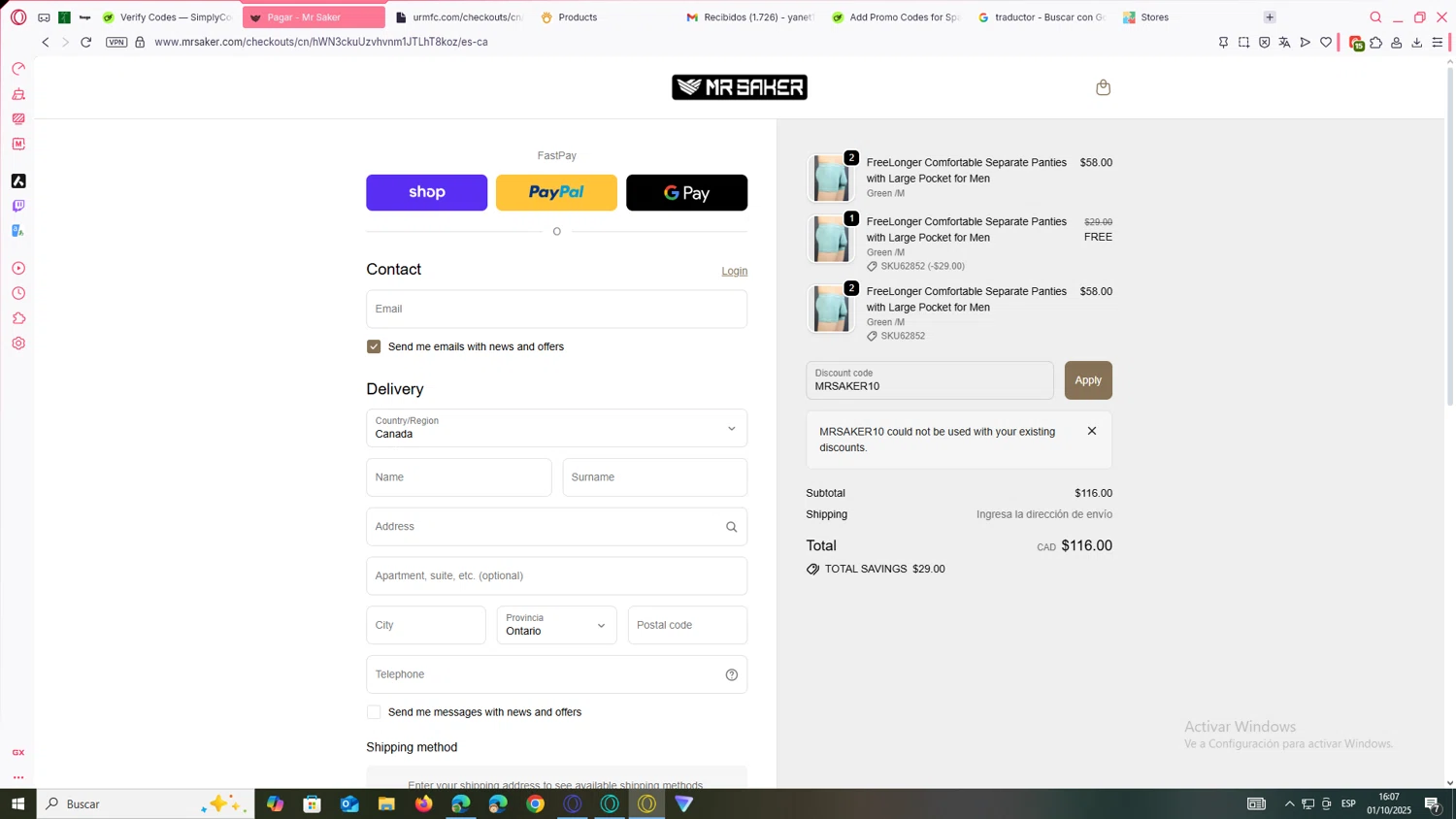 Mr Saker discount code screenshot showing code MRSAKER10 applied at Mr Saker checkout page. Uploaded by SimplyCodes community member JEUGENIO on Oct 1, 2025