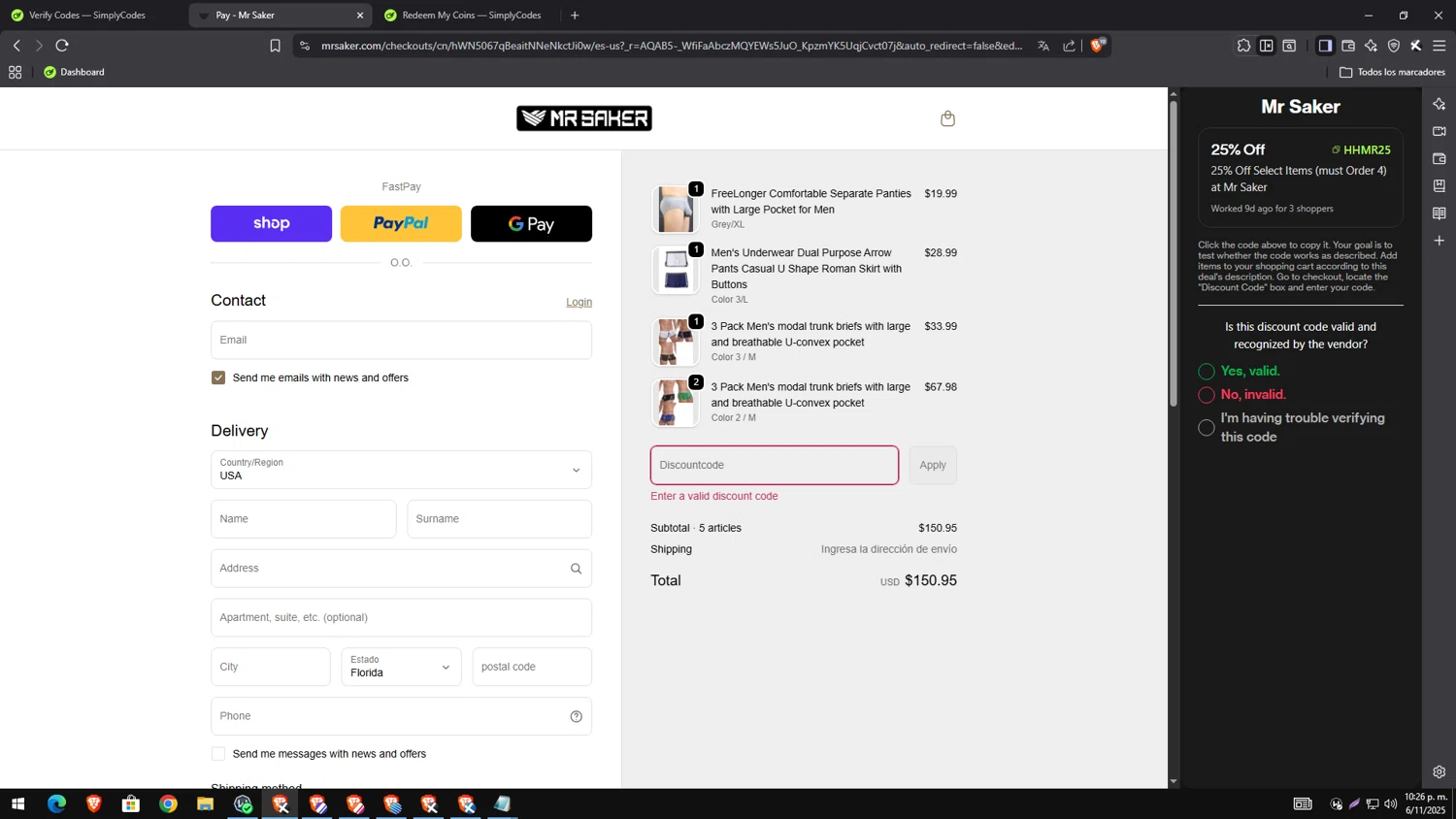 Mr Saker discount code screenshot showing code HHMR25 applied at Mr Saker checkout page. Uploaded by SimplyCodes community member genesisgafaro on Nov 7, 2025
