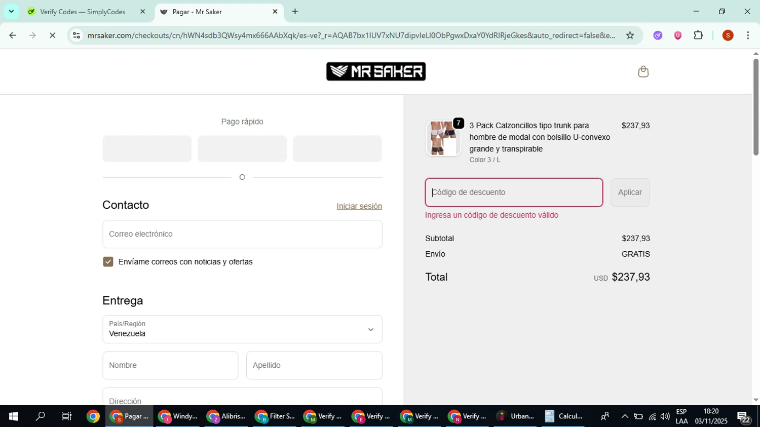 Mr Saker discount code screenshot showing code HHMR20 applied at Mr Saker checkout page. Uploaded by SimplyCodes community member CleverTiger4265 on Nov 3, 2025