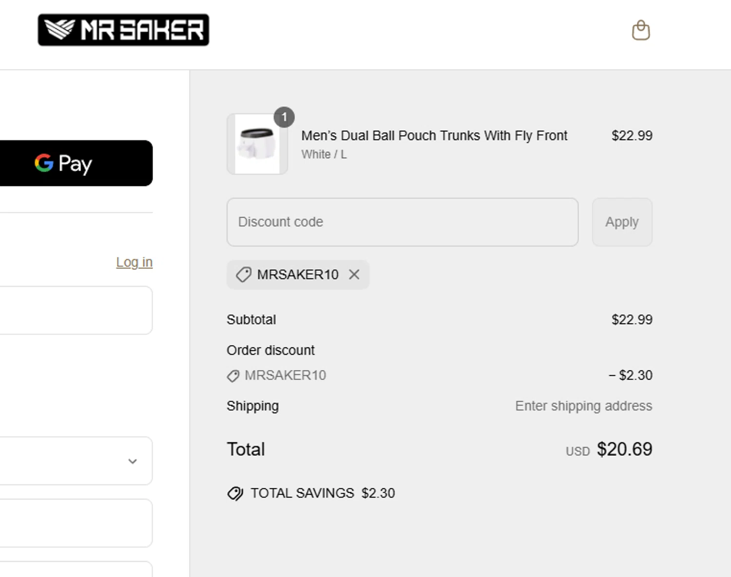 Mr Saker discount code screenshot showing code MRSAKER10 applied at Mr Saker checkout page. Uploaded by SimplyCodes community member aumentadax10 on Apr 24, 2025