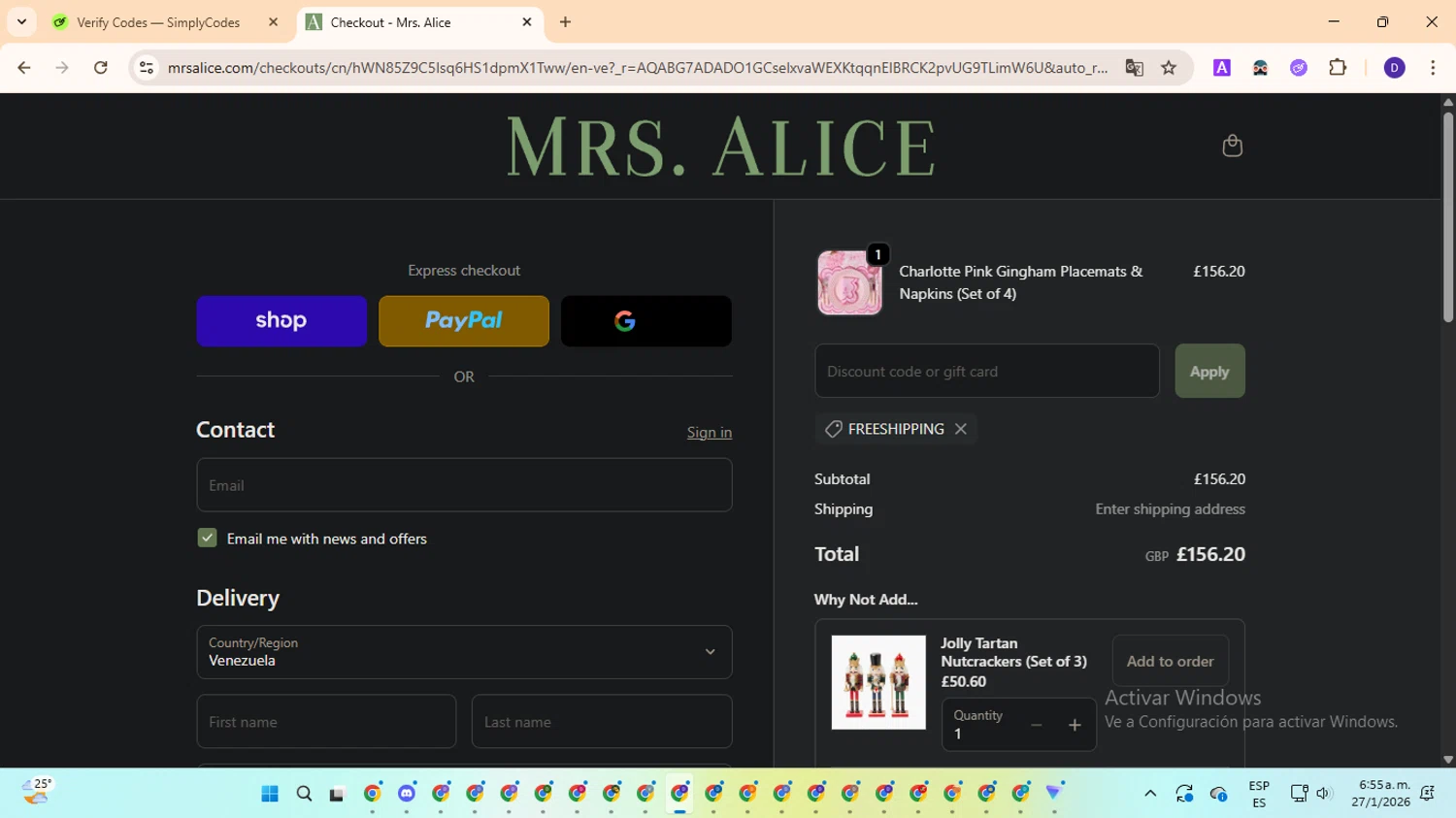 Mrs. Alice checkout page showing Mrs. Alice discount code box | Screenshot taken by SimplyCodes community member on Jan 27, 2026