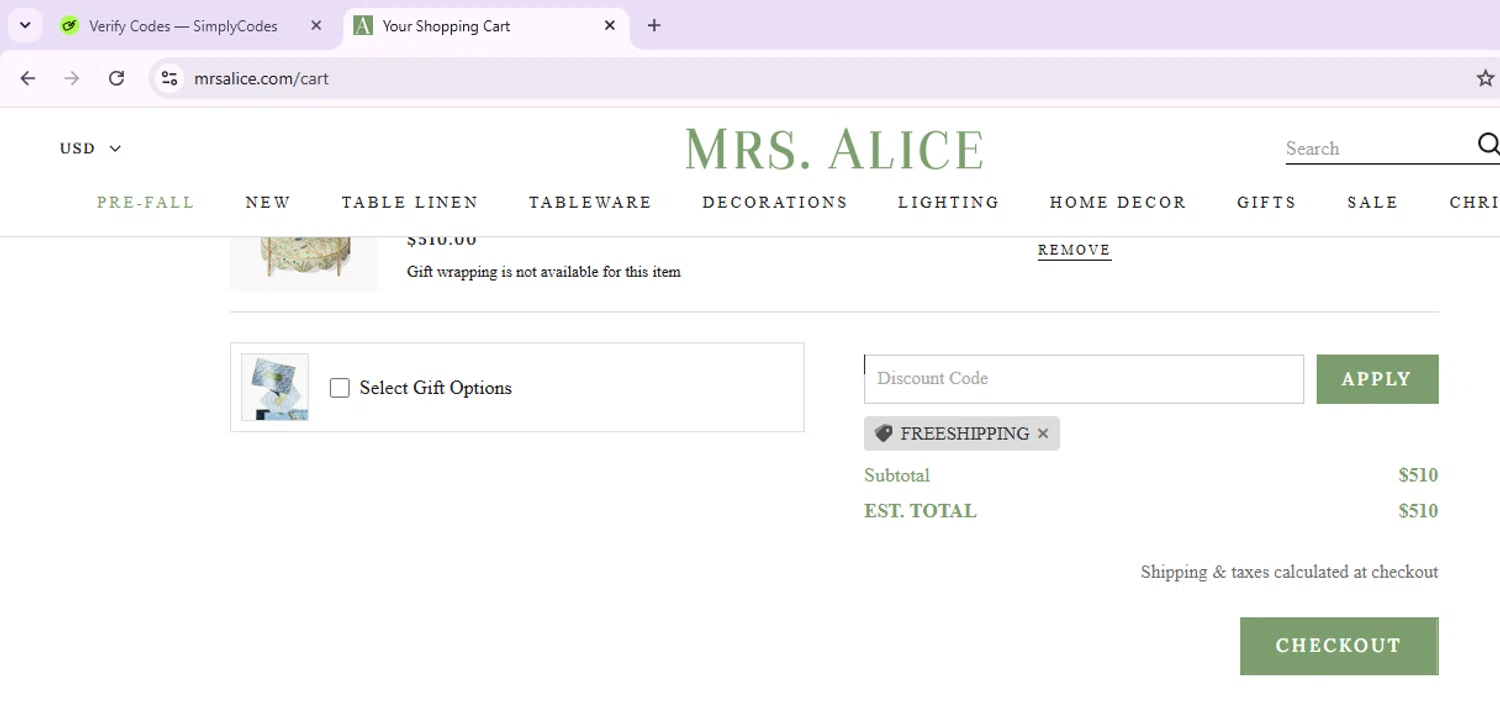 Mrs. Alice discount code screenshot showing code FREESHIPPING applied at Mrs. Alice checkout page. Uploaded by SimplyCodes community member Morketools on Sep 25, 2025