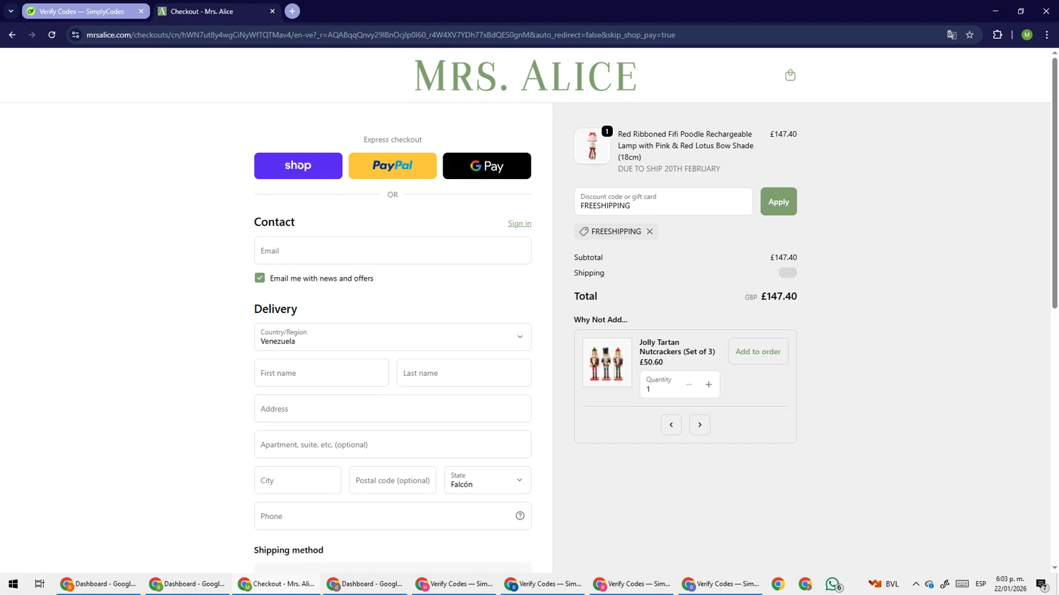 Mrs. Alice discount code screenshot showing code FREESHIPPING applied at Mrs. Alice checkout page. Uploaded by SimplyCodes community member PrimeSage6924 on Jan 22, 2026