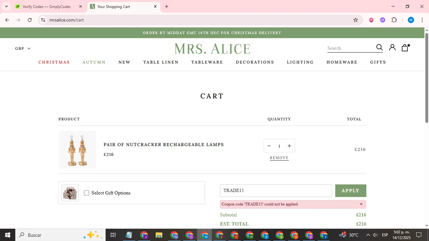 Mrs. Alice discount code screenshot showing code TRADE15 applied at Mrs. Alice checkout page. Uploaded by SimplyCodes community member LegendaryCurator1585 on Dec 14, 2025