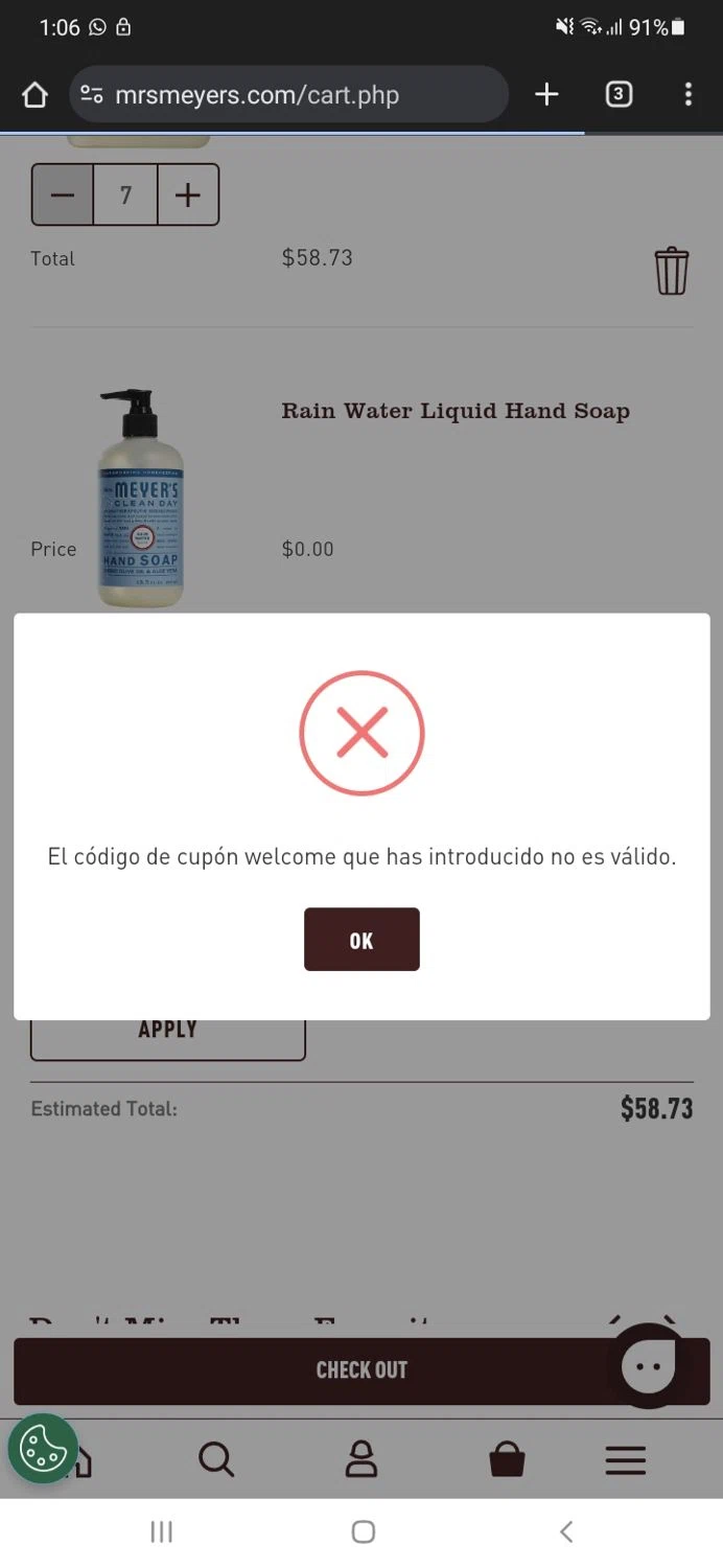 Mrs. Meyer's Clean Day promo code screenshot showing code welcome applied at Mrs. Meyer's Clean Day checkout page. Uploaded by SimplyCodes community member brianoconner on Jan 16, 2025
