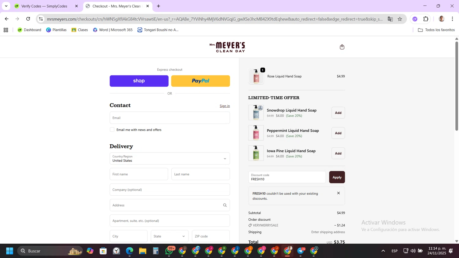 Mrs. Meyer's Clean Day promo code screenshot showing code FRESH10 applied at Mrs. Meyer's Clean Day checkout page. Uploaded by SimplyCodes community member FernandoLetex on Nov 25, 2025