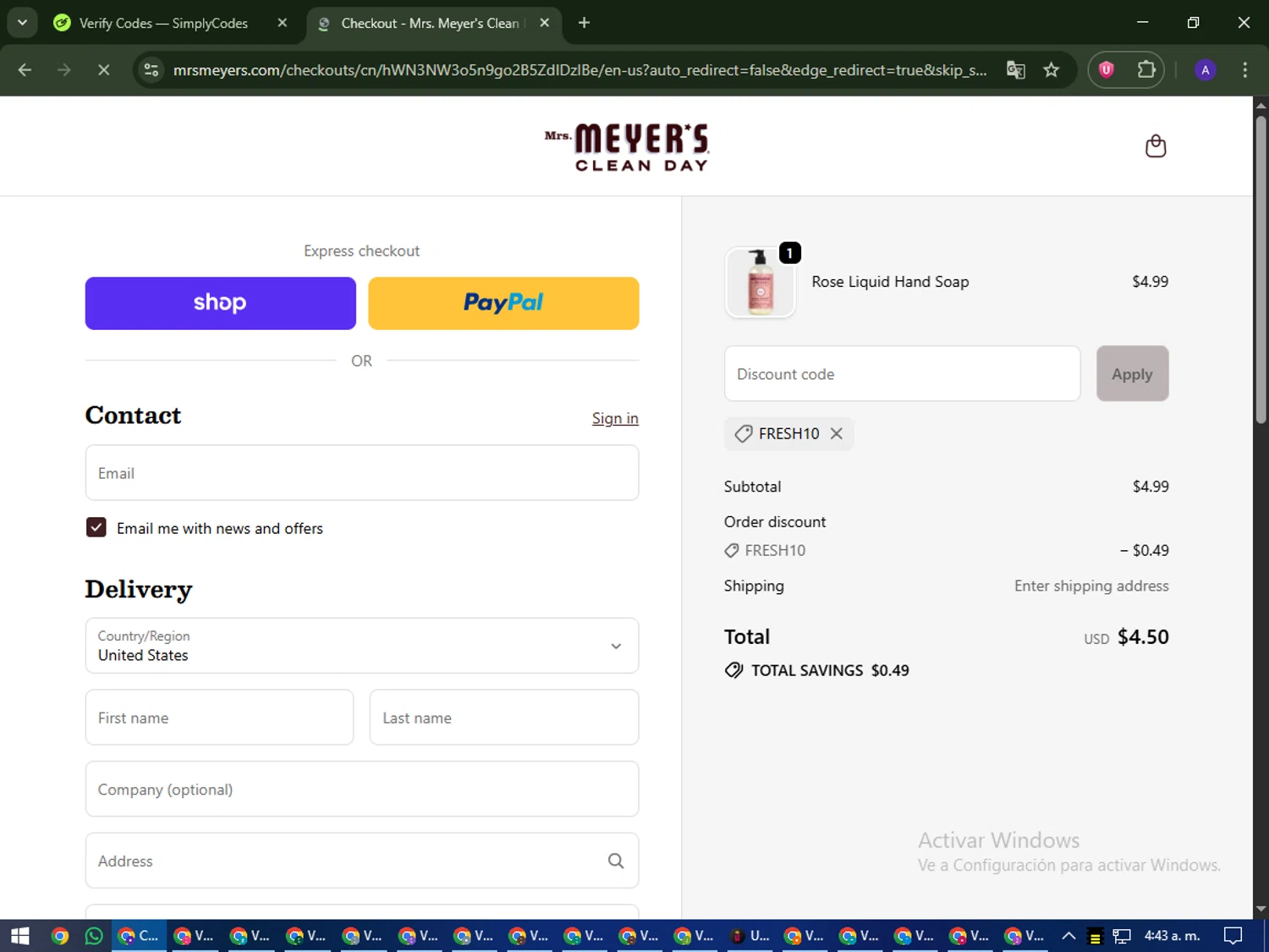 Mrs. Meyer's Clean Day promo code screenshot showing code FRESH10 applied at Mrs. Meyer's Clean Day checkout page. Uploaded by SimplyCodes community member MagnificentWarden4603 on Sep 25, 2025