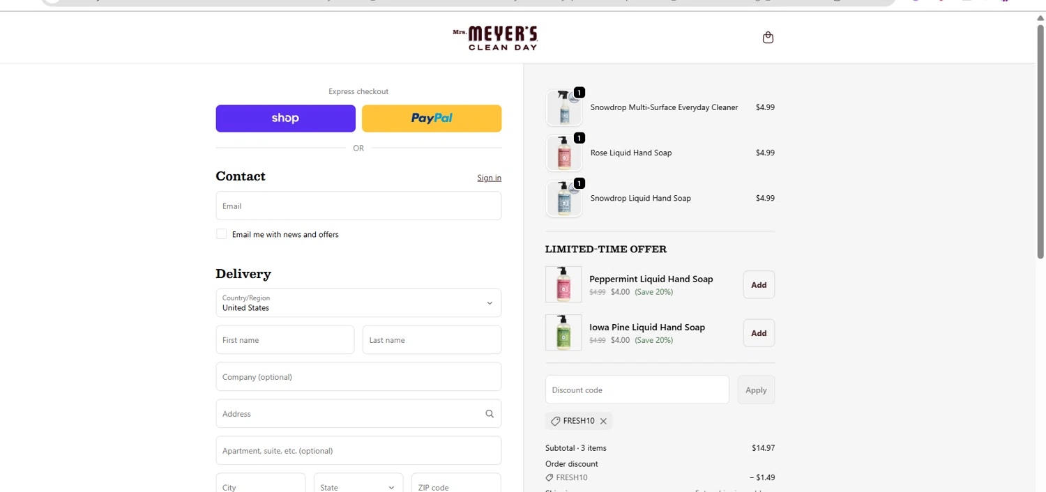 Mrs. Meyer's Clean Day promo code screenshot showing code FRESH10 applied at Mrs. Meyer's Clean Day checkout page. Uploaded by SimplyCodes community member ingric on Nov 15, 2025