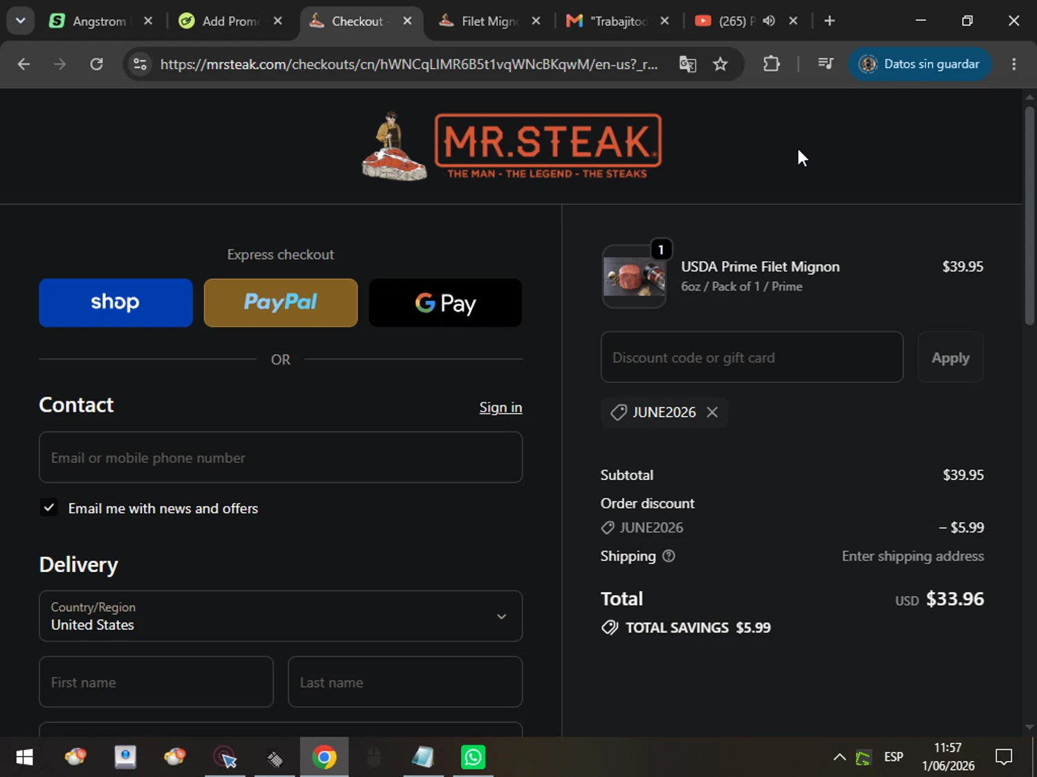 Mr. Steak promo code screenshot showing code June2026 applied at Mr. Steak checkout page. Uploaded by SimplyCodes community member MarcosAranguren on Jun 1, 2026