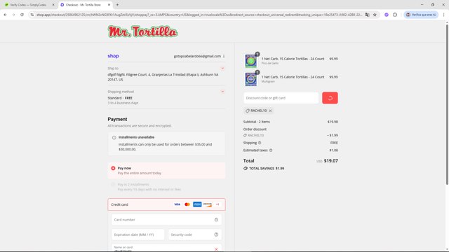 Mr. Tortilla checkout page showing Mr. Tortilla discount code box | Screenshot taken by SimplyCodes community member on Sep 5, 2025