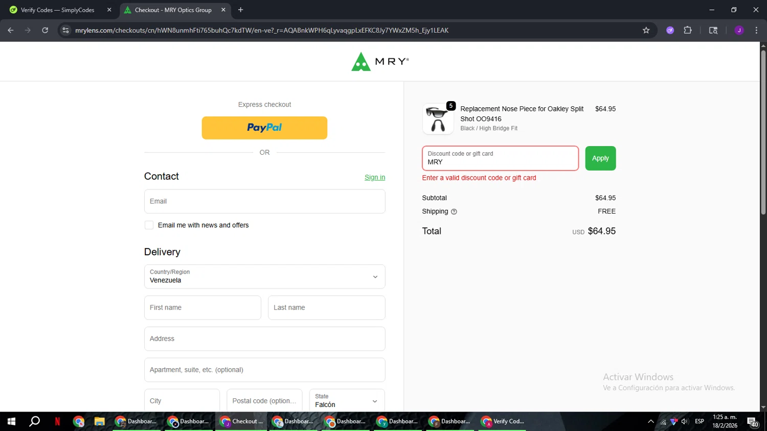 MryLens discount code screenshot showing code MRY applied at MryLens checkout page. Uploaded by SimplyCodes community member ComeBurra123 on Feb 18, 2026
