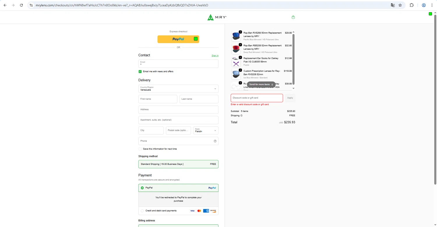 MryLens discount code screenshot showing code MRY applied at MryLens checkout page. Uploaded by SimplyCodes community member luffyreturn on Feb 19, 2026