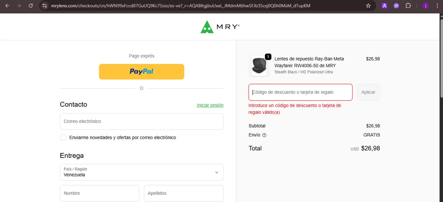 MryLens discount code screenshot showing code SAVE15 applied at MryLens checkout page. Uploaded by SimplyCodes community member CoinMaverick1452 on Feb 24, 2026