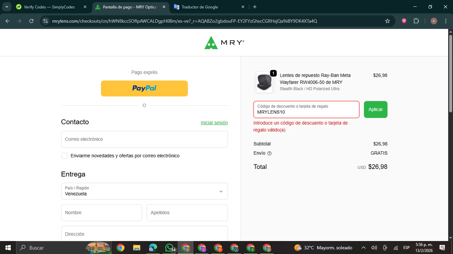 MryLens discount code screenshot showing code MRYLENS10 applied at MryLens checkout page. Uploaded by SimplyCodes community member NobleExpert6497 on Feb 13, 2026
