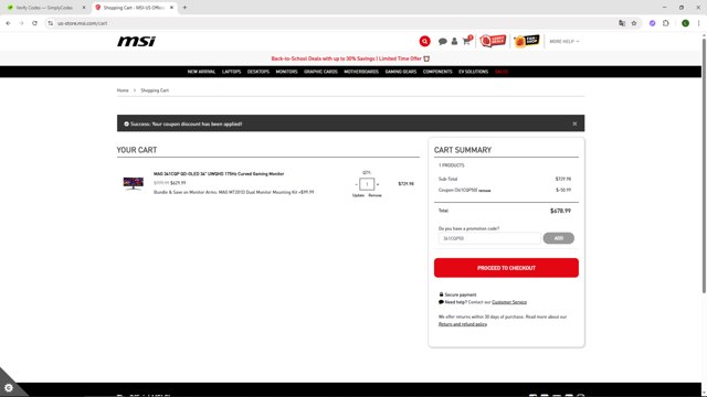 MSI checkout page showing MSI promo code box | Screenshot taken by SimplyCodes community member on Aug 25, 2025