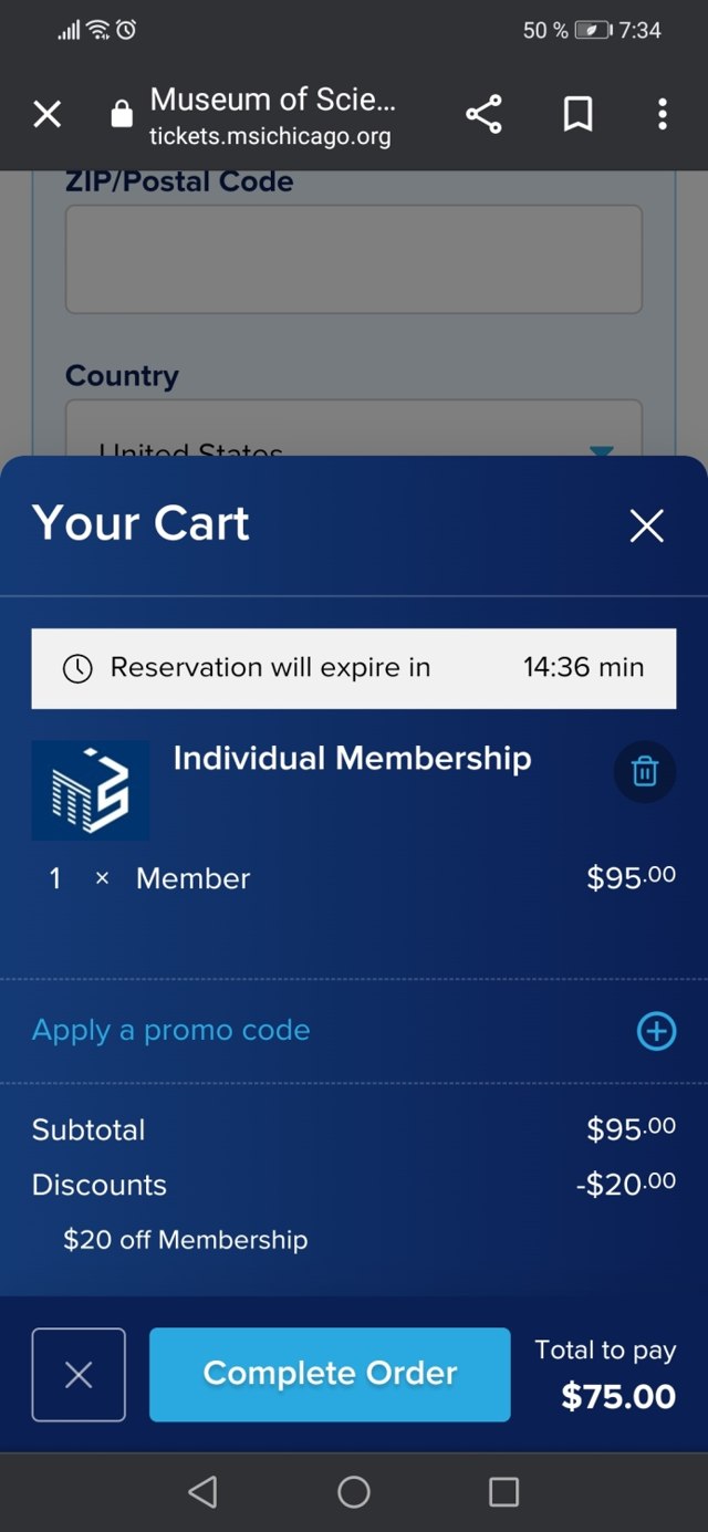 Museum of Science and Industry checkout page showing Museum of Science and Industry promo code box | Screenshot taken by SimplyCodes community member on May 1, 2022