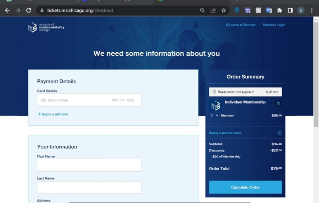 Museum of Science and Industry checkout page showing Museum of Science and Industry promo code box | Screenshot taken by SimplyCodes community member on Aug 4, 2022