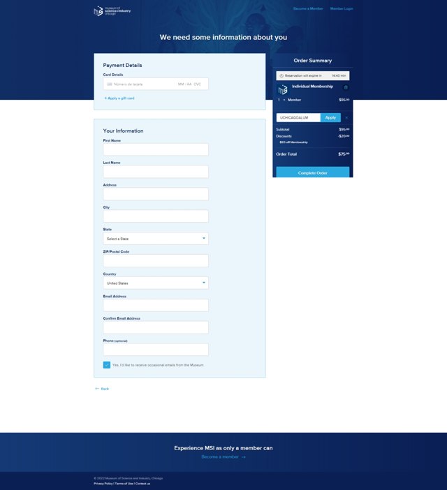 Museum of Science and Industry checkout page showing Museum of Science and Industry promo code box | Screenshot taken by SimplyCodes community member on Jul 3, 2022