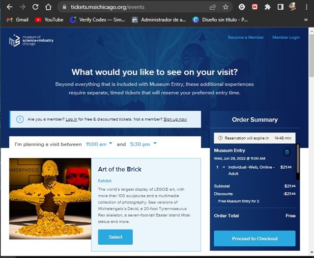 Museum of Science and Industry checkout page showing Museum of Science and Industry promo code box | Screenshot taken by SimplyCodes community member on Jun 26, 2022