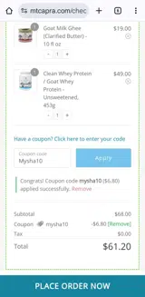 Mysha10 coupon verification screenshot