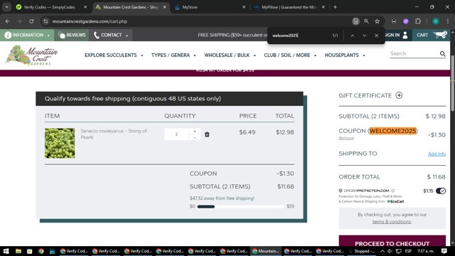 Mountain Crest Gardens checkout page showing Mountain Crest Gardens coupon code box | Screenshot taken by SimplyCodes community member on Sep 7, 2025