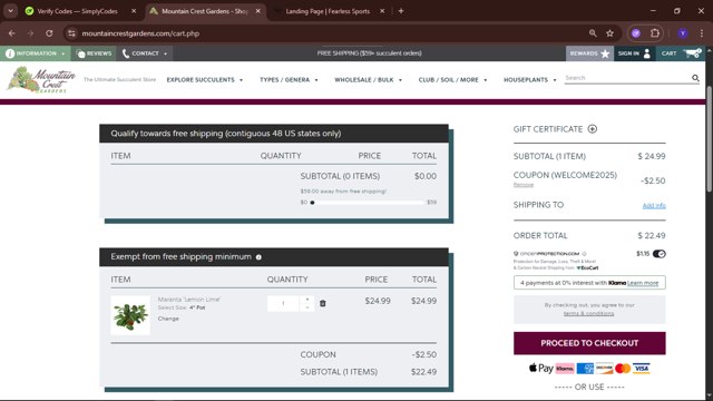 Mountain Crest Gardens checkout page showing Mountain Crest Gardens coupon code box | Screenshot taken by SimplyCodes community member on Aug 27, 2025