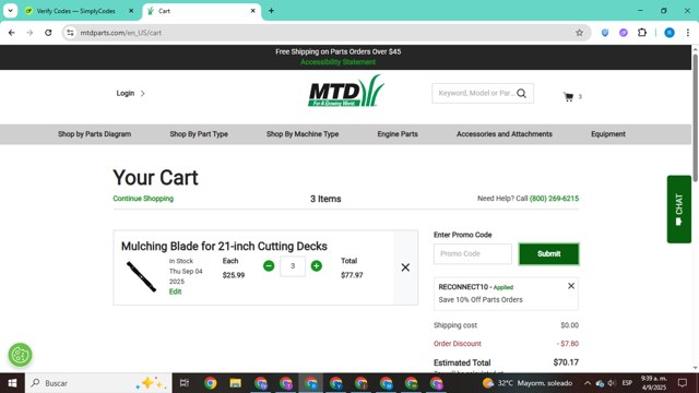 MTD Parts checkout page showing MTD Parts coupon code box | Screenshot taken by SimplyCodes community member on Sep 4, 2025