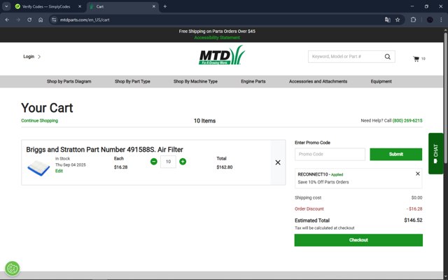 MTD Parts checkout page showing MTD Parts coupon code box | Screenshot taken by SimplyCodes community member on Sep 4, 2025