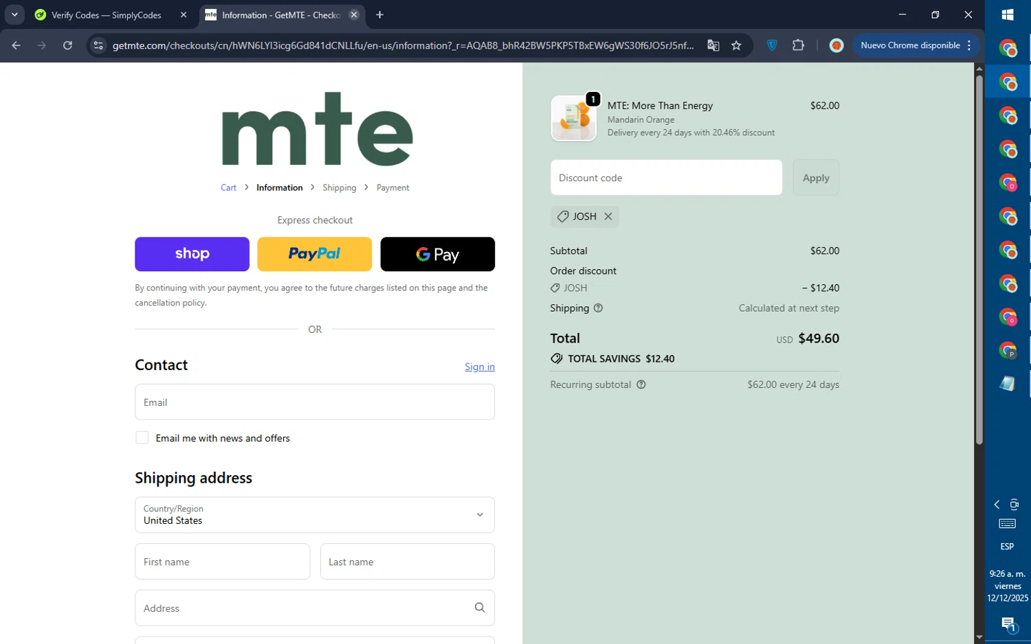 MTE promo code screenshot showing code JOSH applied at MTE checkout page. Uploaded by SimplyCodes community member GoldPilot5958 on Dec 12, 2025