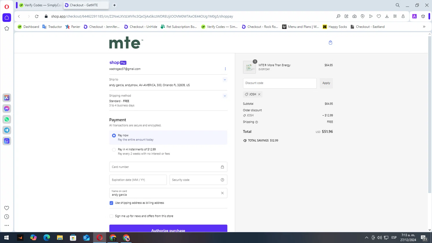 MTE promo code screenshot showing code JOSH applied at MTE checkout page. Uploaded by SimplyCodes community member elbicho22 on Dec 27, 2024