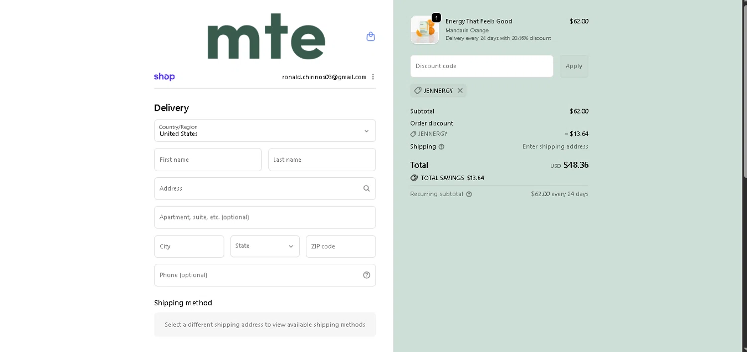 MTE promo code screenshot showing code JENNERGY applied at MTE checkout page. Uploaded by SimplyCodes community member CleverGenius9882 on Dec 25, 2025