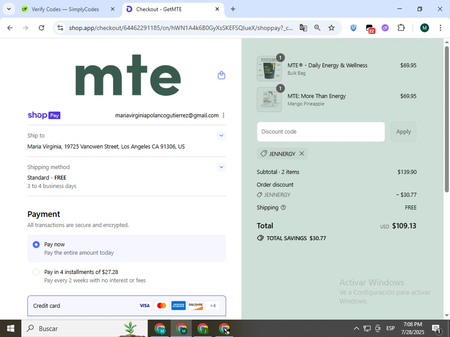 MTE promo code screenshot showing code JENNERGY applied at MTE checkout page. Uploaded by SimplyCodes community member Jorgeluisvera on Jul 28, 2025