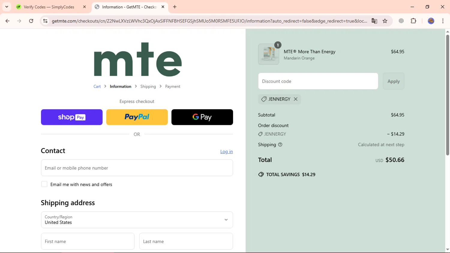 MTE promo code screenshot showing code JENNERGY applied at MTE checkout page. Uploaded by SimplyCodes community member ExtraordinaryBoss3426 on Mar 28, 2025