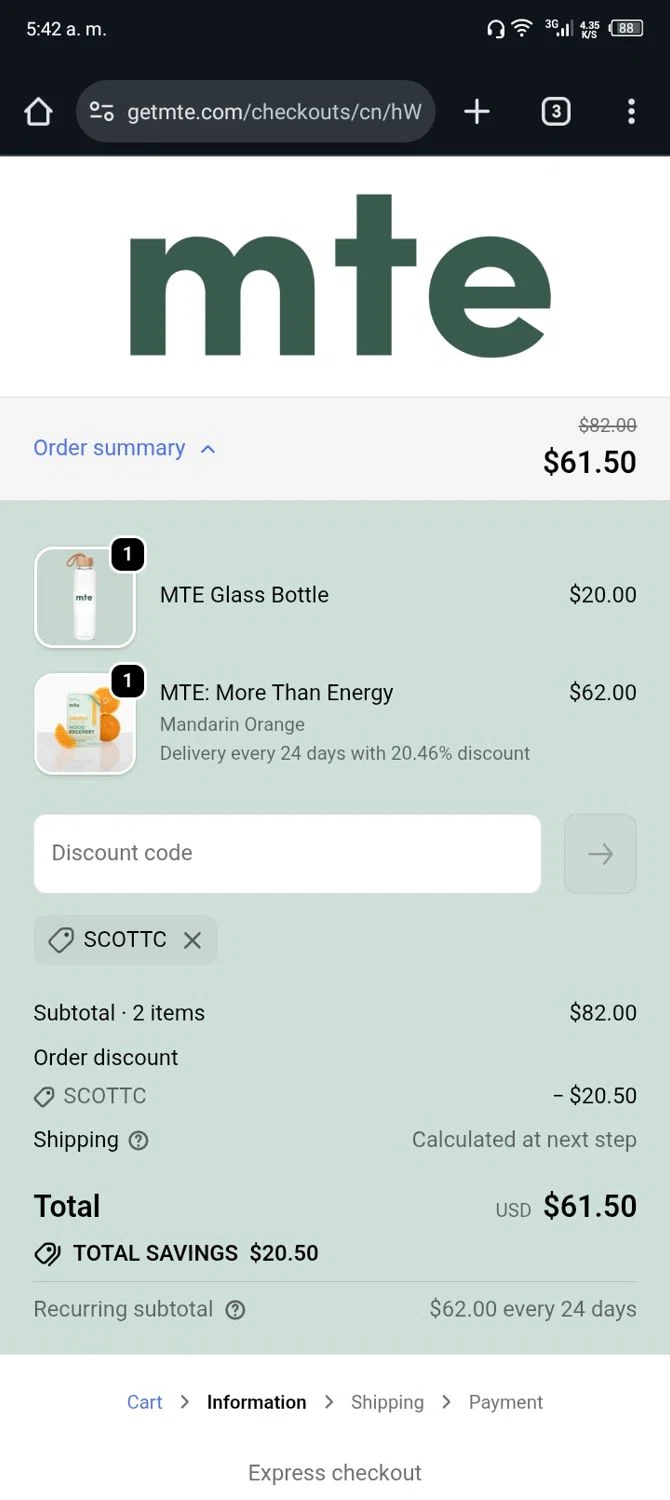 MTE promo code screenshot showing code SCOTTC applied at MTE checkout page. Uploaded by SimplyCodes community member Nickurtdale on Nov 21, 2025