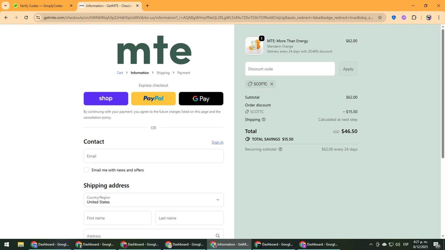 MTE promo code screenshot showing code SCOTTC applied at MTE checkout page. Uploaded by SimplyCodes community member Vanmanuel on Dec 6, 2025