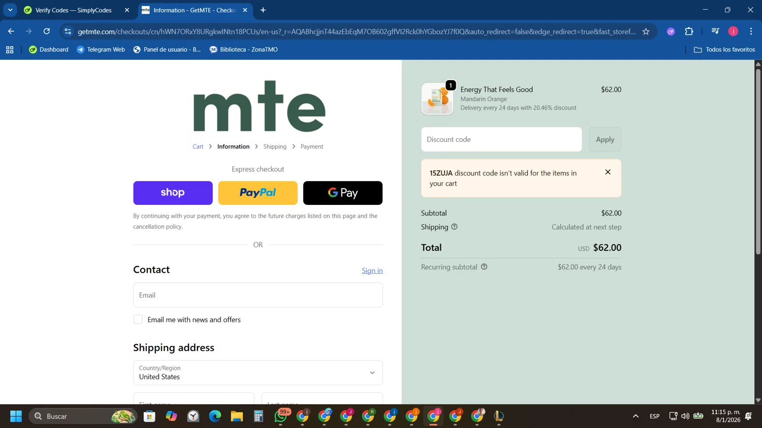 MTE checkout page showing MTE promo code box | Screenshot taken by SimplyCodes community member on Jan 9, 2026