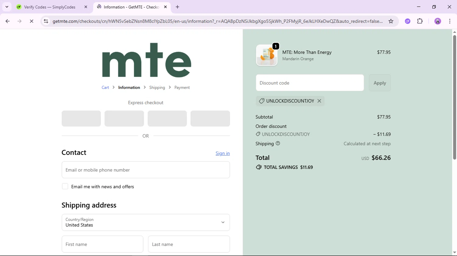 MTE promo code screenshot showing code unlockdiscountjoy applied at MTE checkout page. Uploaded by SimplyCodes community member jamesscott on Dec 1, 2025